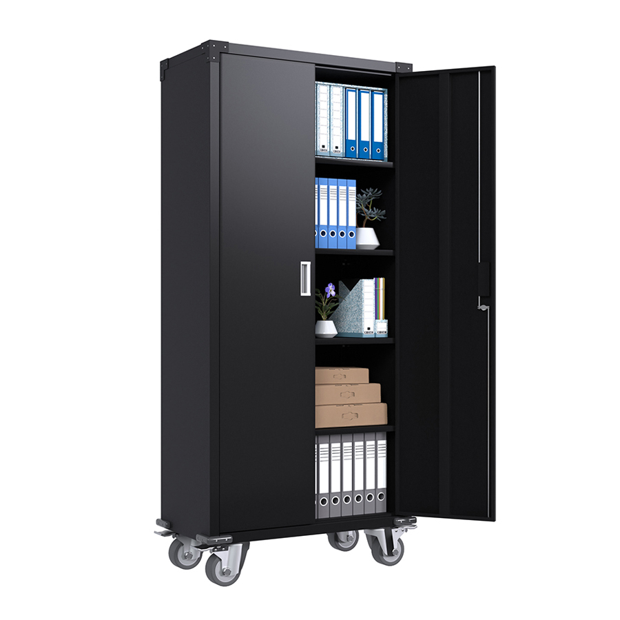 Mobile Steel Storage Cabinet - Metal Garage Cupboard on Lockable Wheels