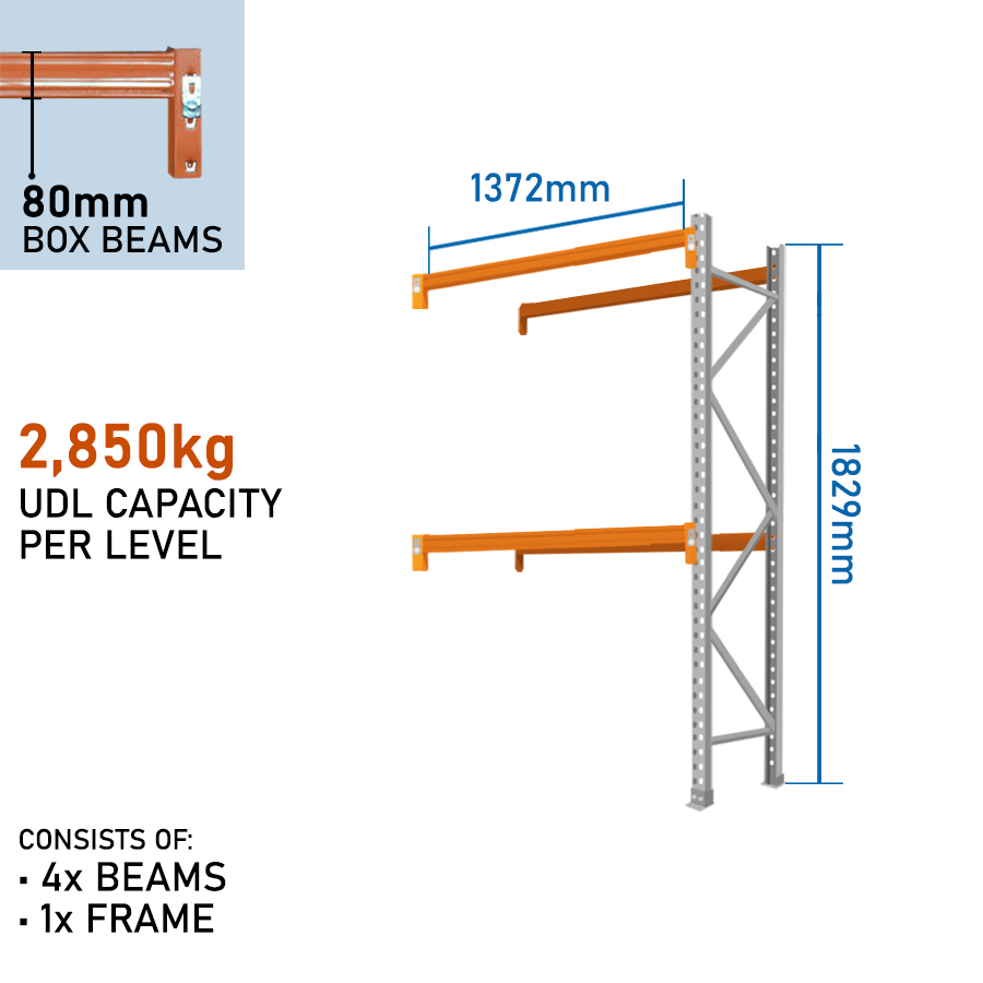 Pallet Racking Add-On Bay (1829mm Frame, 1372 x 80mm Beams)