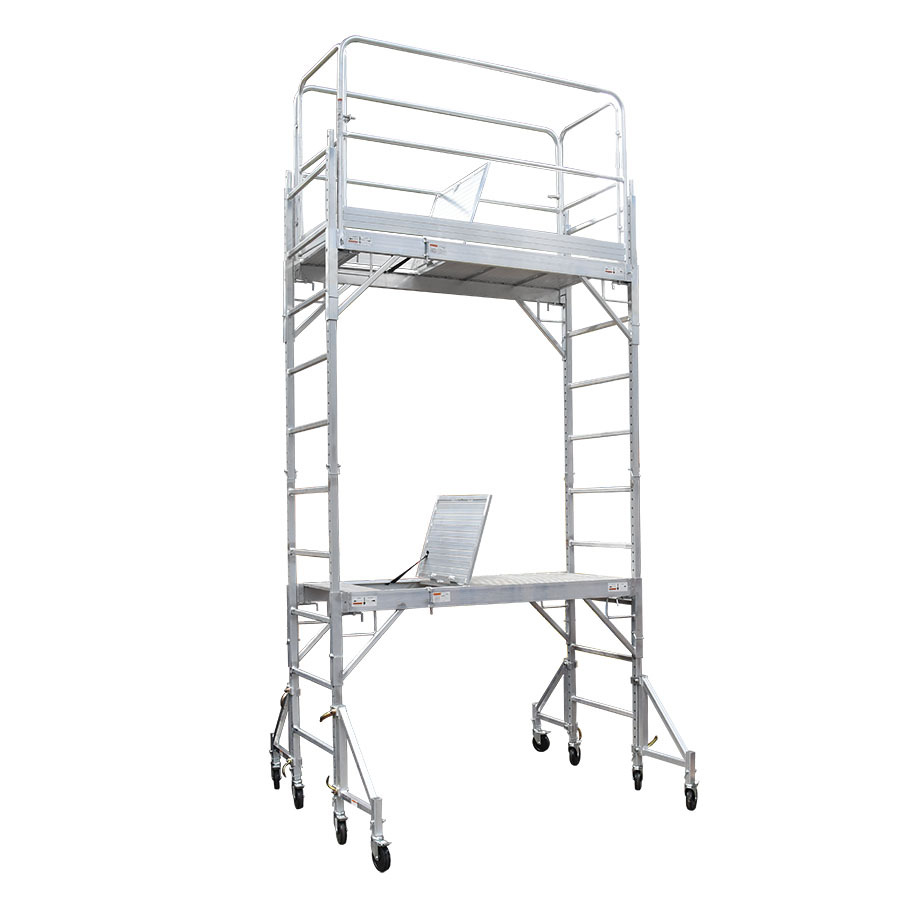 12 ft Double Aluminium Alloy Mobile Scaffold with Outriggers, Guardrails and Hatches - ALLOY PLATFORM